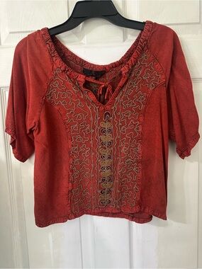 Sacred Threads Rust Red Embroidered Boho Peasant Blouse